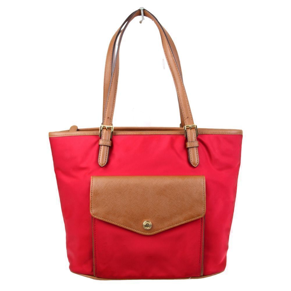 MICHAEL KORS RED NYLON CANVAS TAN BROWN GENUINE LEATHER TRIM TOTE SHOULDER BAG